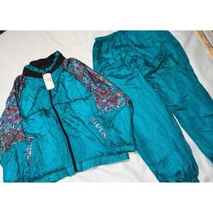 Vintage Women's Track/WindSuit Teal Black Floral 80s Carolina Bay Size 18 NWT